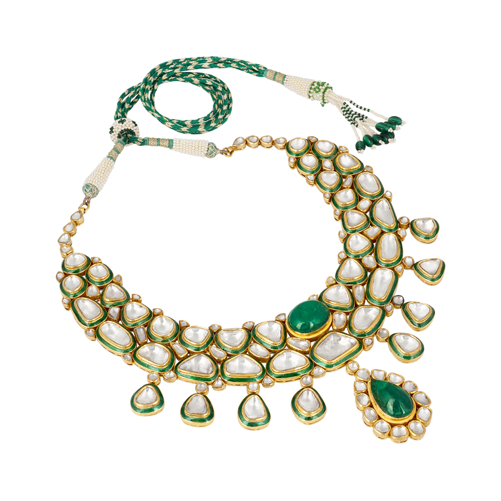 Polki Necklace with Green Meena and Emerald Cabochons